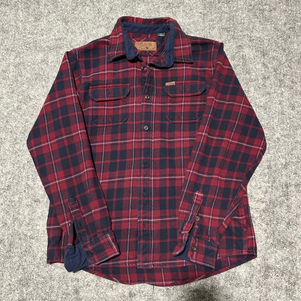 Orvis Mens Red Navy Blue Plaid‎ Flannel Button Down Shirt Size Large